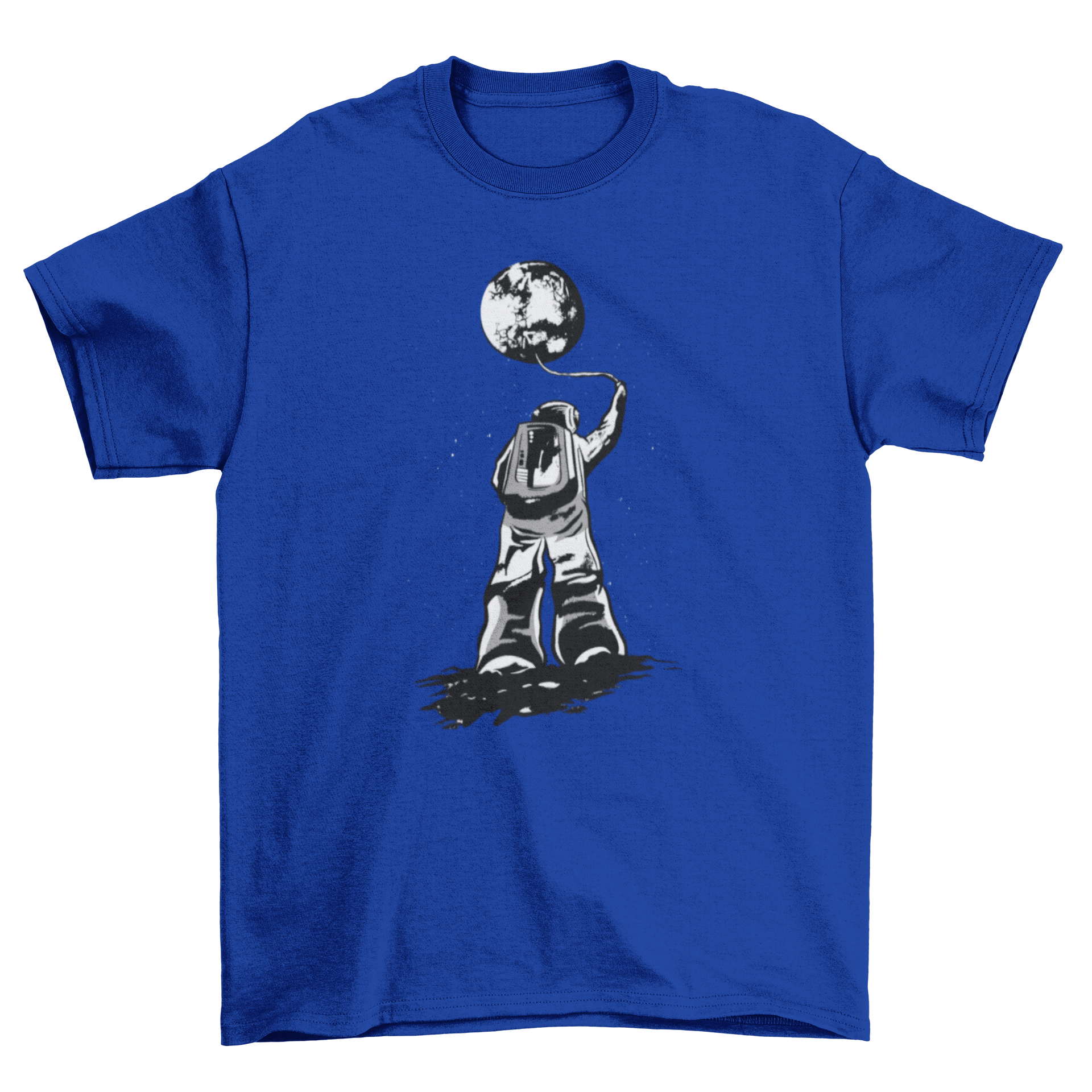 Astronaut floating towards the moon on a stylish T-shirt design.