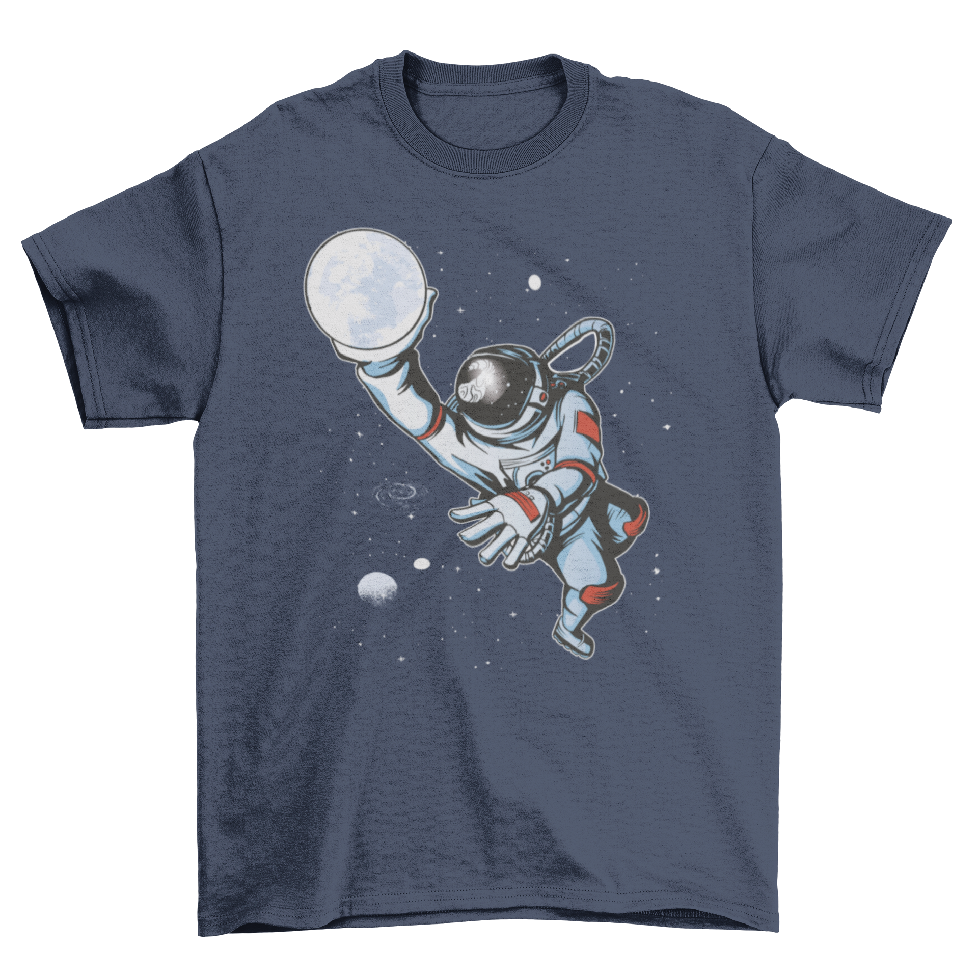 Astronaut playing basketball with the moon in the background on a t-shirt.