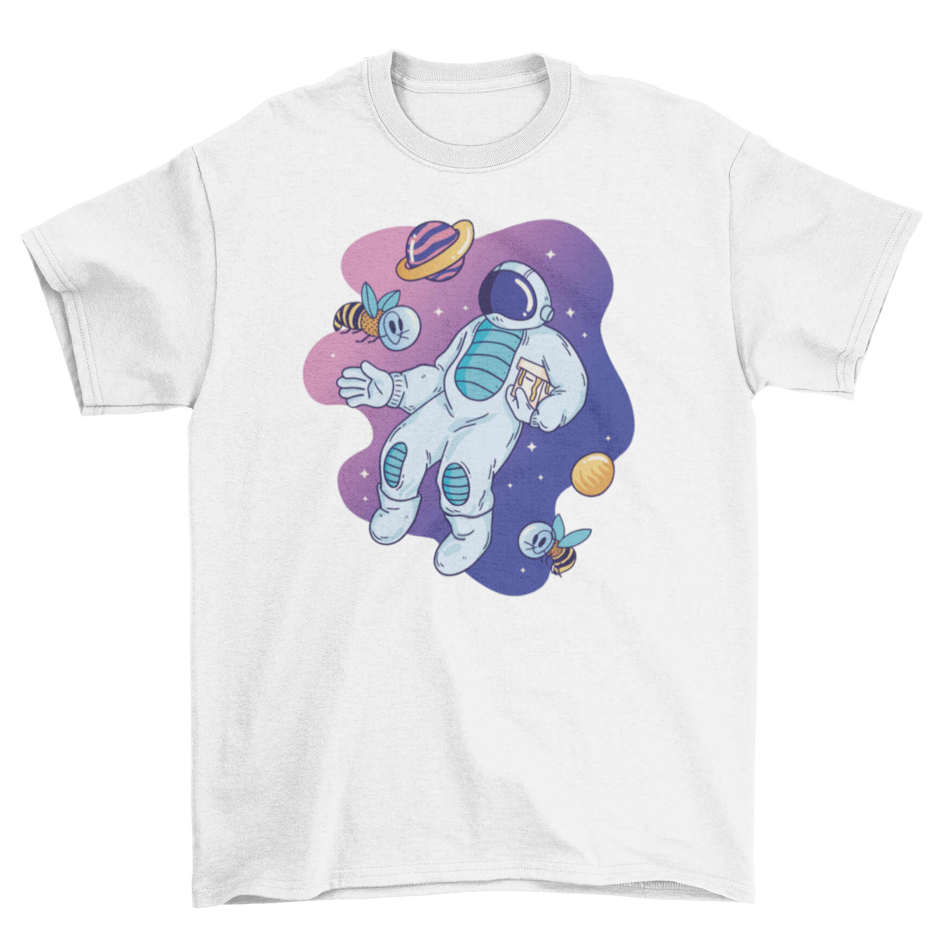 Astronaut beekeeper t-shirt featuring an astronaut with bees in space suits, showcasing a unique and whimsical design.