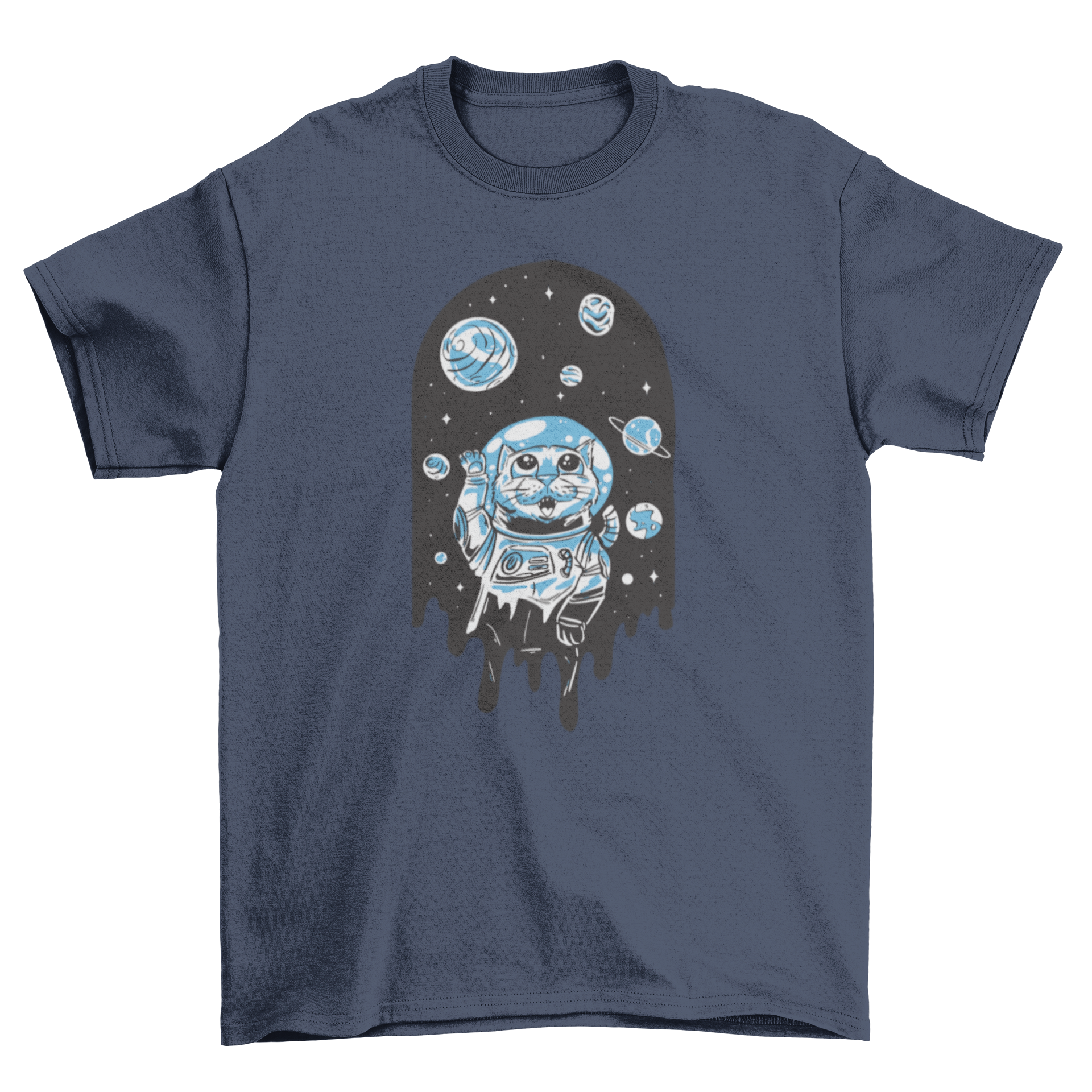 A whimsical t-shirt featuring a cat in an astronaut suit floating in space, surrounded by stars and planets.