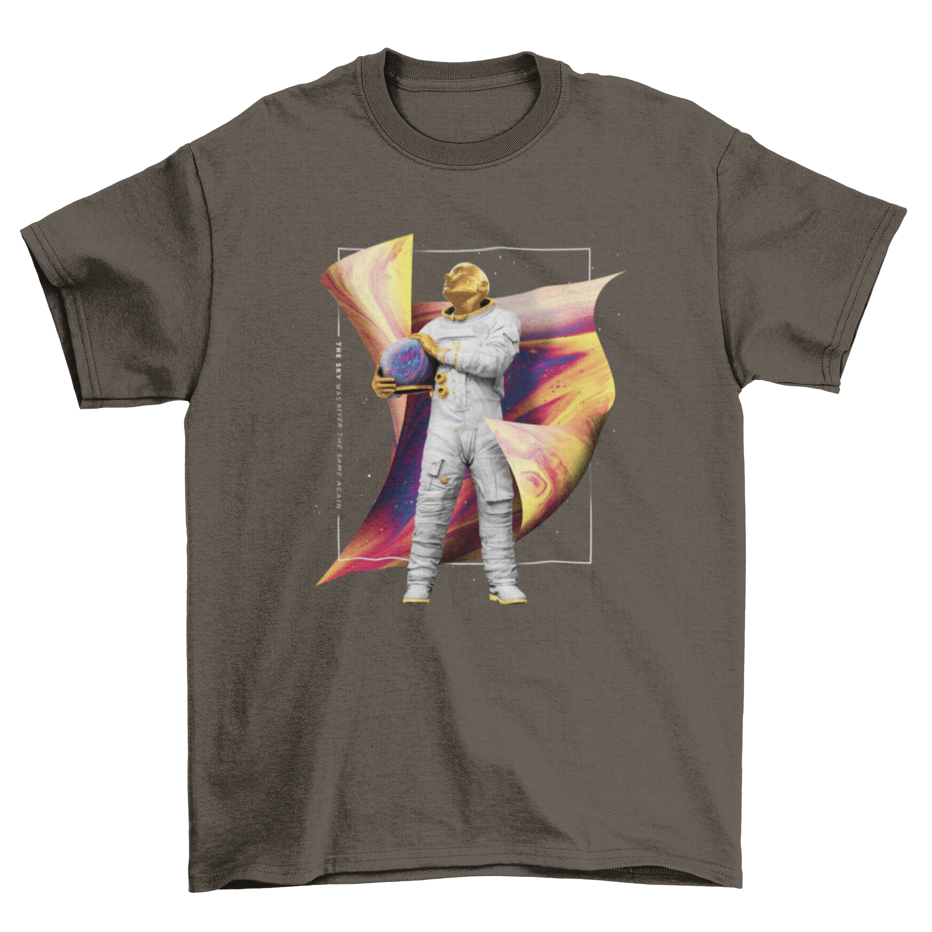A stylish t-shirt featuring a golden astronaut design and the quote 'The sky was never the same again', perfect for space lovers.