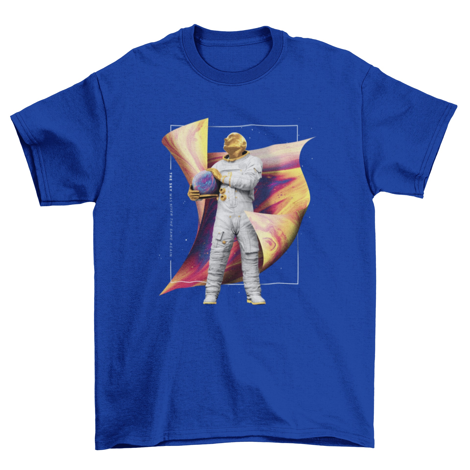 A stylish t-shirt featuring a golden astronaut design and the quote 'The sky was never the same again', perfect for space lovers.