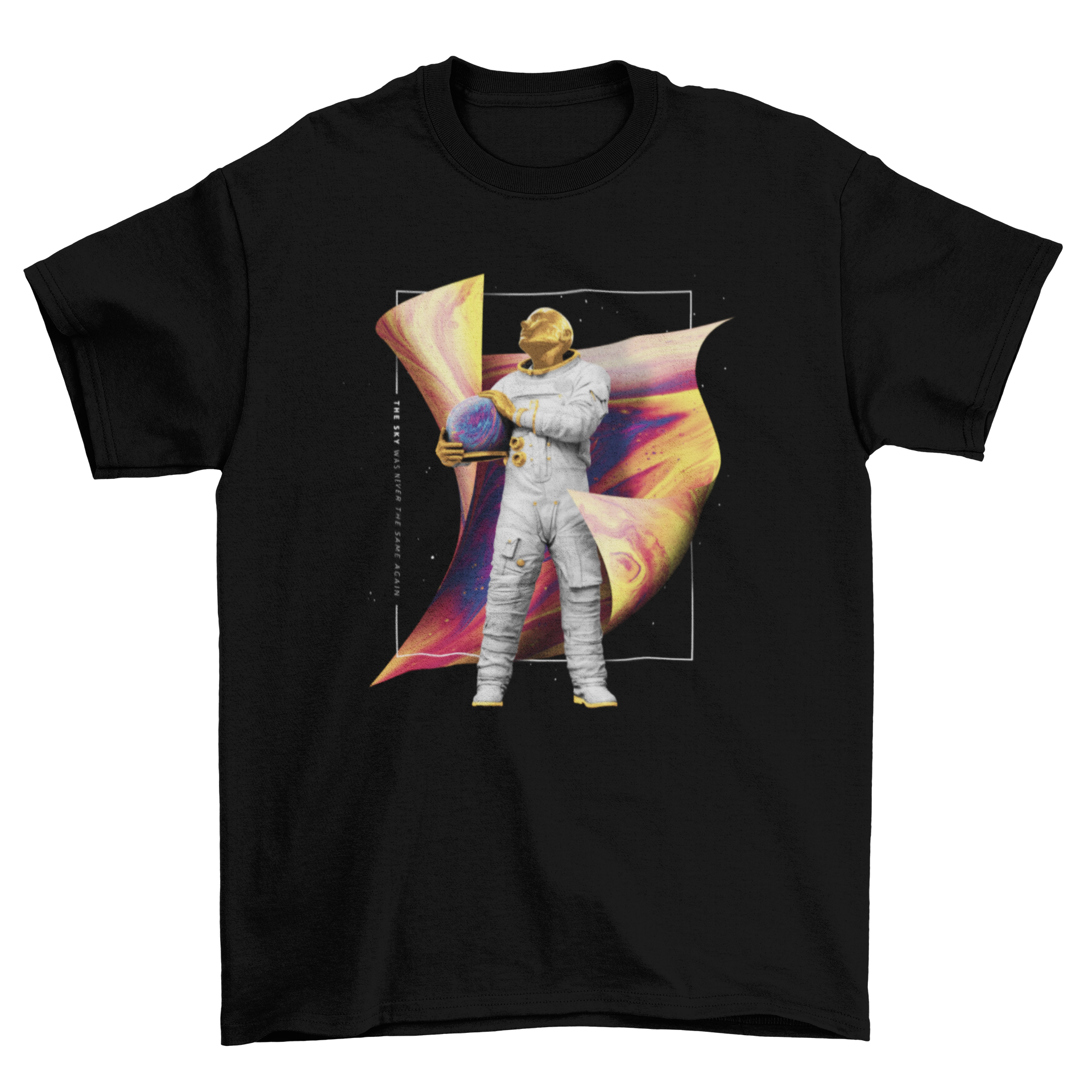 A stylish t-shirt featuring a golden astronaut design and the quote 'The sky was never the same again', perfect for space lovers.