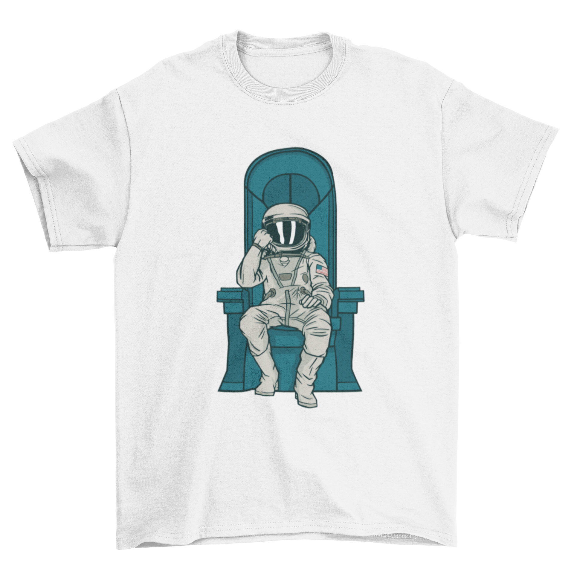 A stylish t-shirt featuring an illustration of an American astronaut sitting on a throne, showcasing a unique space-themed design.