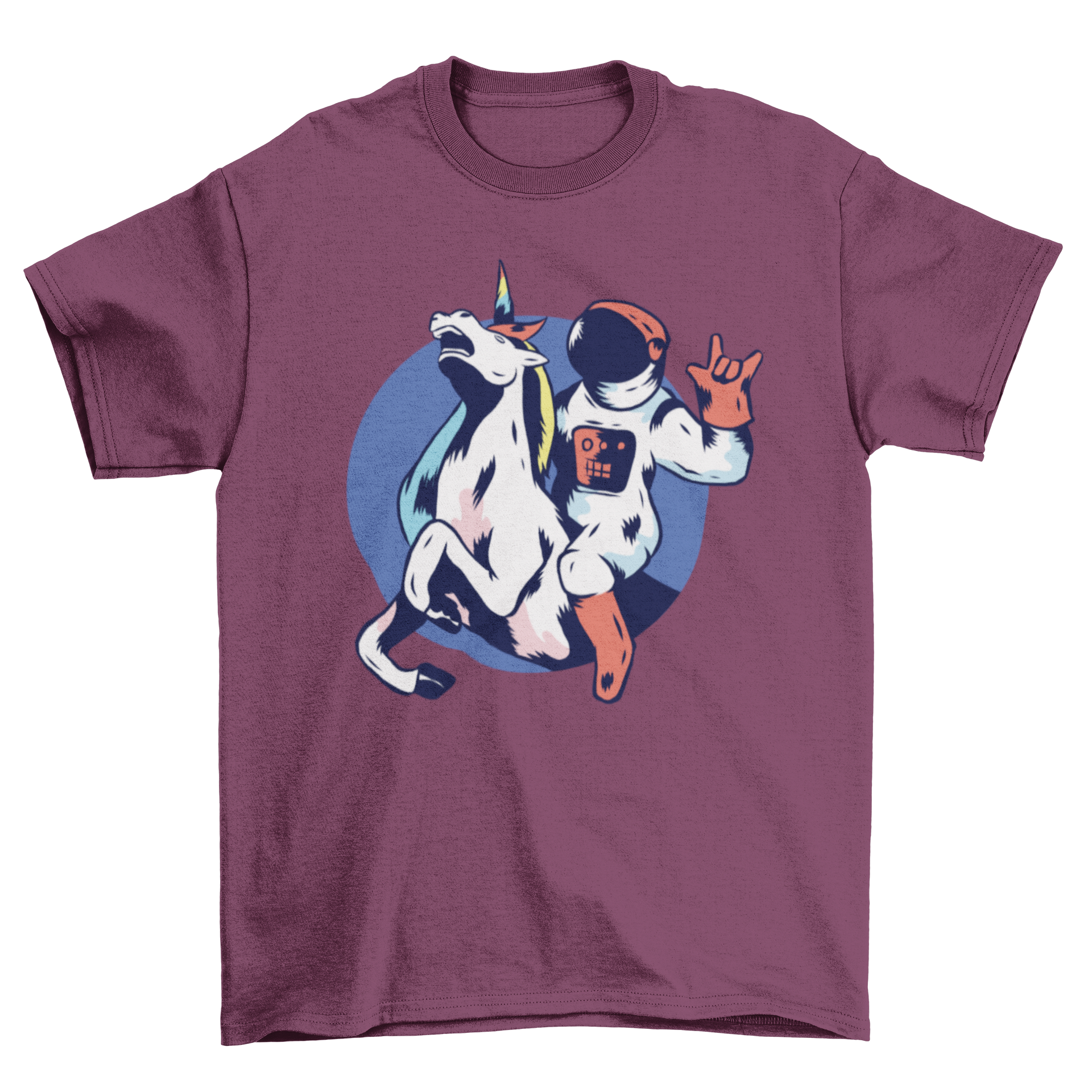 A colorful Astronaut Unicorn T-shirt featuring an astronaut riding a unicorn in a whimsical design.