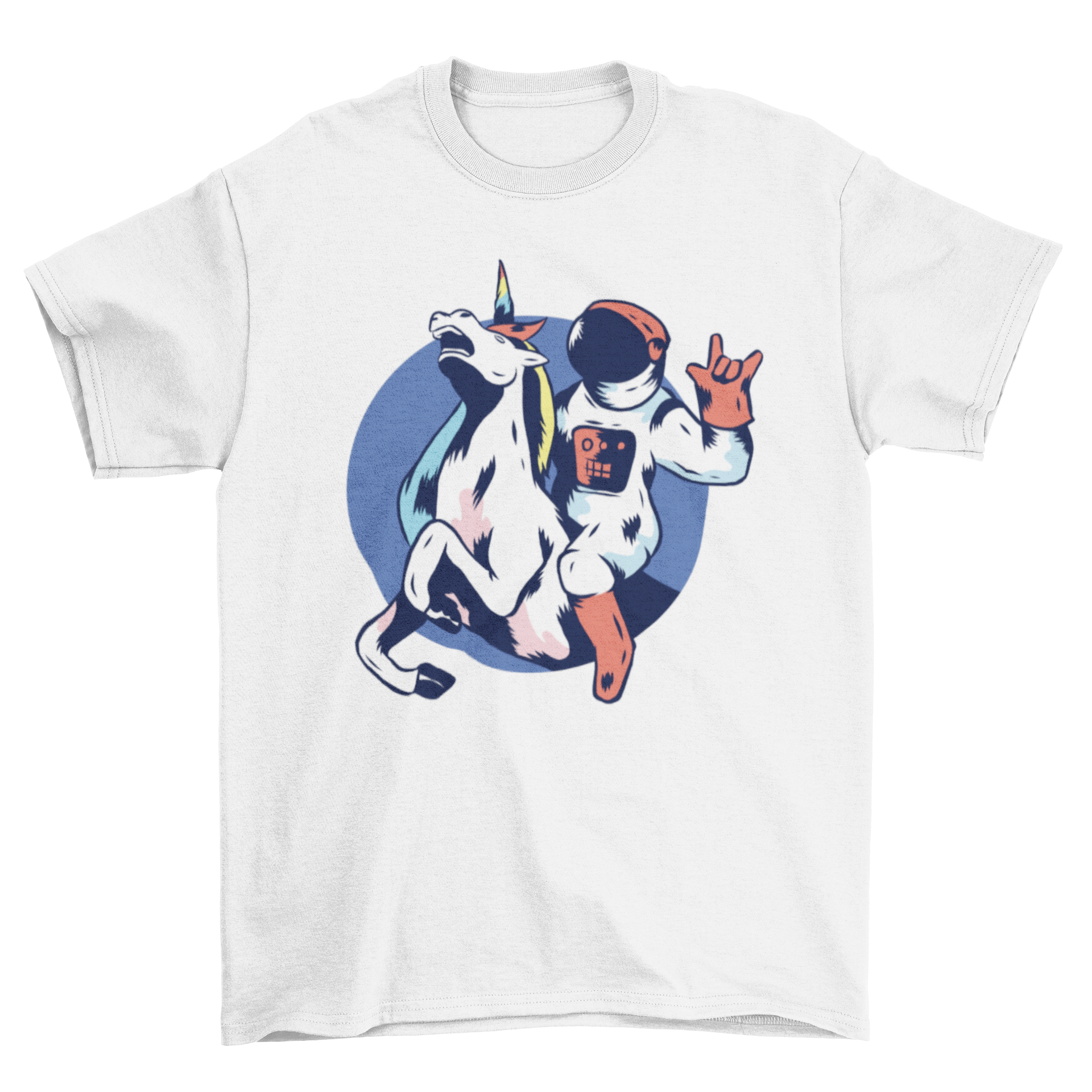 A colorful Astronaut Unicorn T-shirt featuring an astronaut riding a unicorn in a whimsical design.