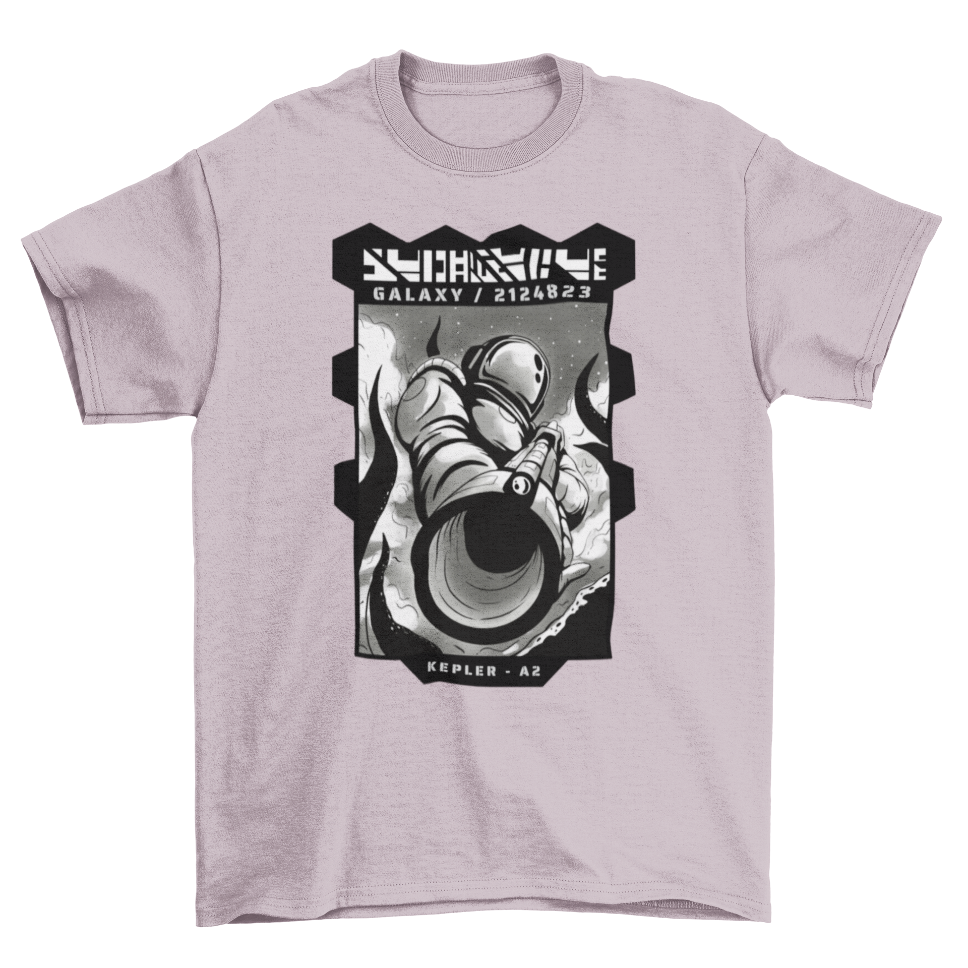 A stylish t-shirt featuring an astronaut holding a weapon, showcasing a unique illustration design.