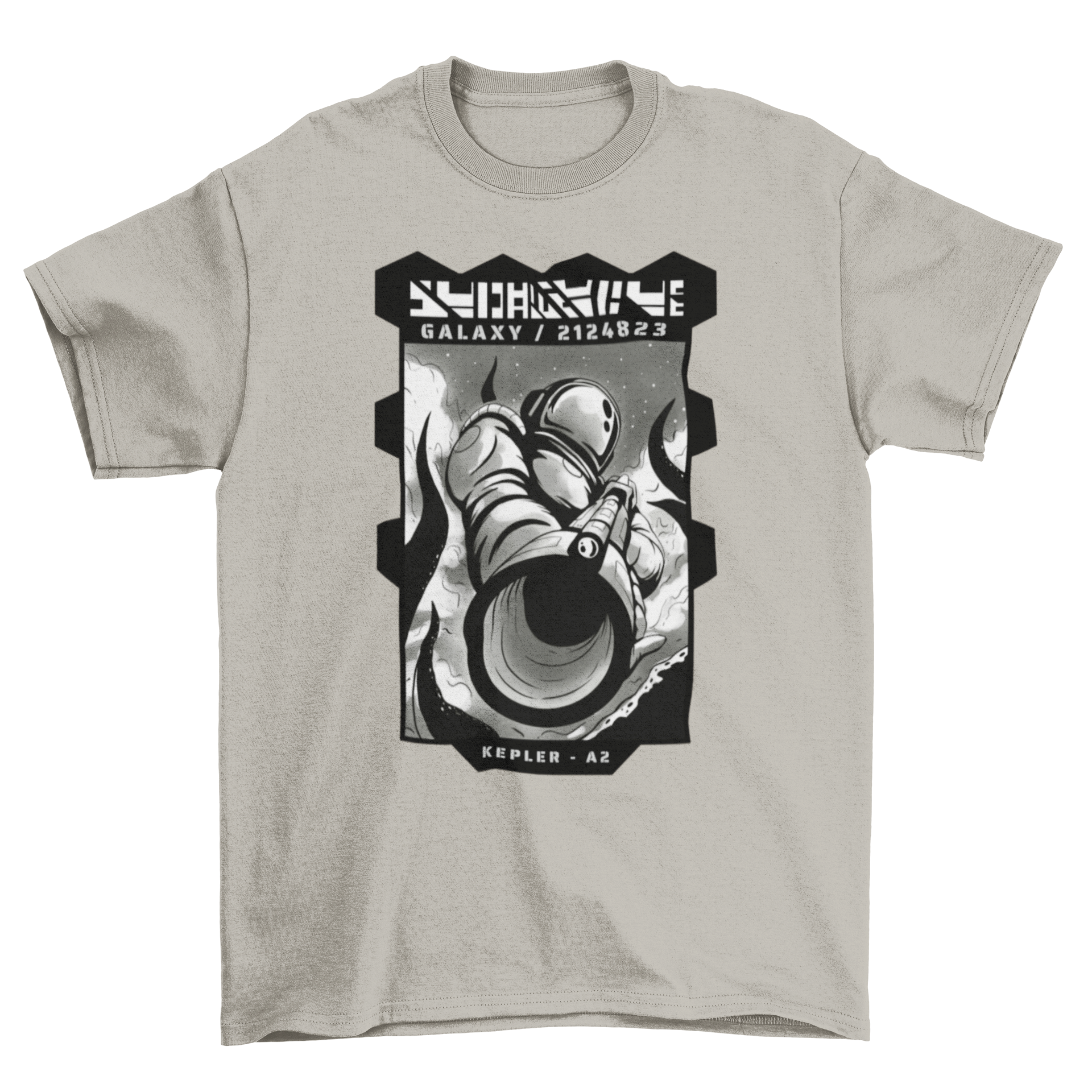 A stylish t-shirt featuring an astronaut holding a weapon, showcasing a unique illustration design.