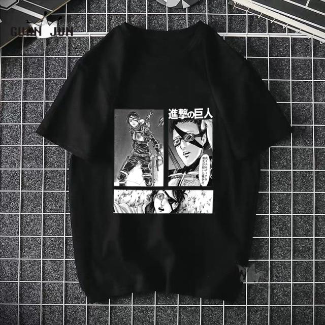 Black Attack On Titan T Shirt featuring a cartoon design, made from 100% cotton, suitable for casual wear.