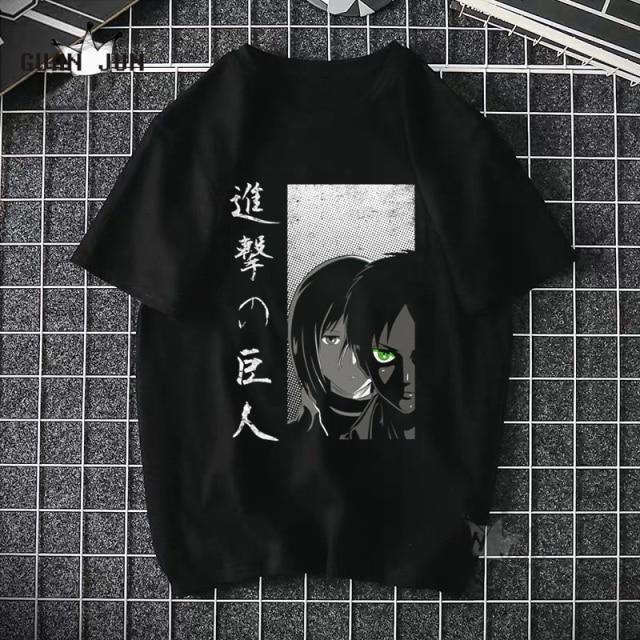 Black Attack On Titan T Shirt featuring a cartoon design, made from 100% cotton, suitable for casual wear.