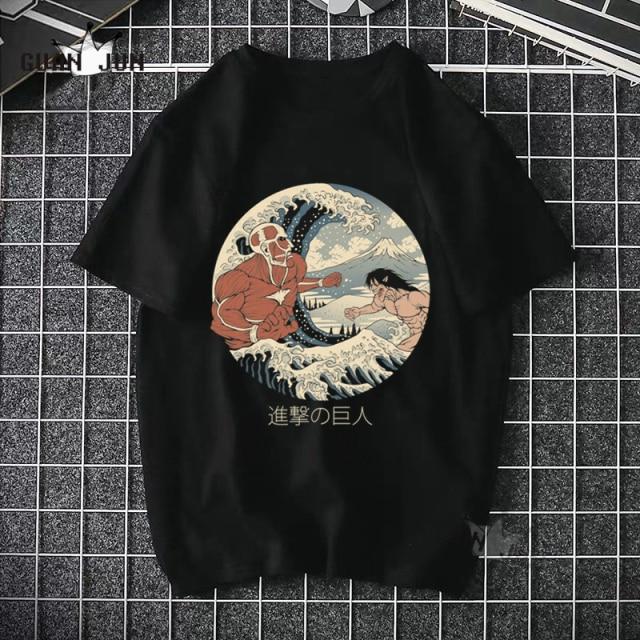 Black Attack On Titan T Shirt featuring a cartoon design, made from 100% cotton, suitable for casual wear.