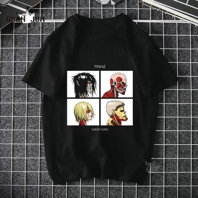 Black Attack On Titan T Shirt featuring a cartoon design, made from 100% cotton, suitable for casual wear.