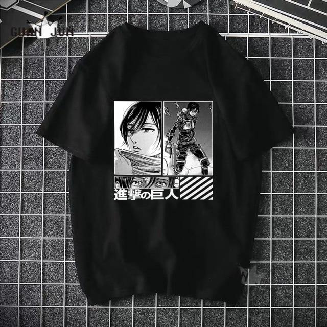 Black Attack On Titan T Shirt featuring a cartoon design, made from 100% cotton, suitable for casual wear.