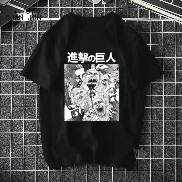 Black Attack On Titan T Shirt featuring a cartoon design, made from 100% cotton, suitable for casual wear.
