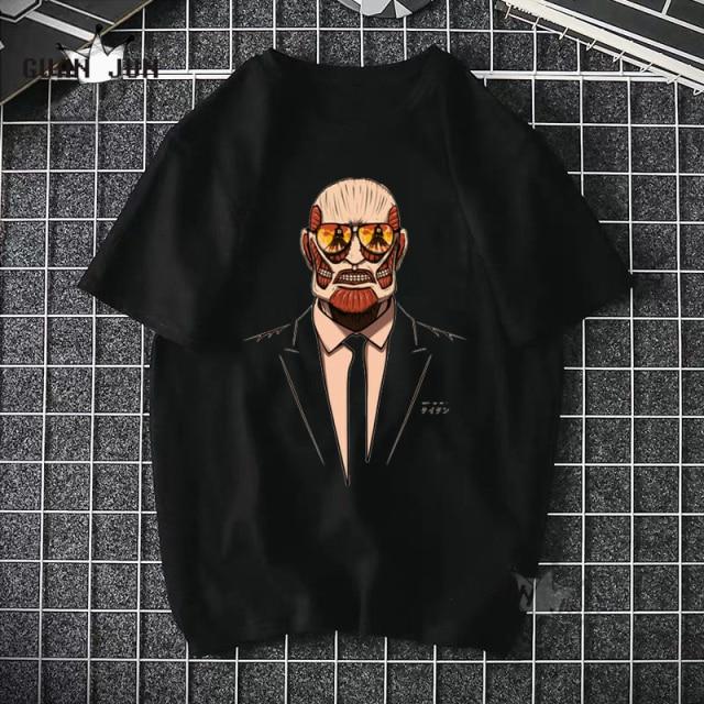 Black Attack On Titan T Shirt featuring a cartoon design, made from 100% cotton, suitable for casual wear.