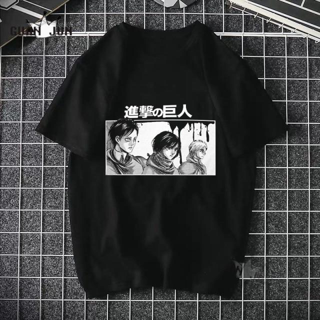 Black Attack On Titan T Shirt featuring a cartoon design, made from 100% cotton, suitable for casual wear.