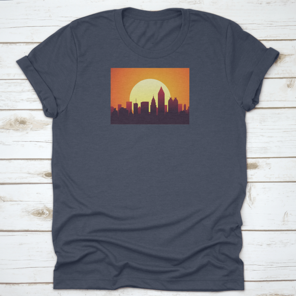 Atlanta Sunset City Skyline t-shirt featuring a huge moon and the tallest building, showcasing a vibrant urban landscape.