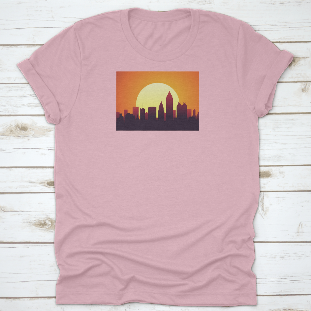 Atlanta Sunset City Skyline t-shirt featuring a huge moon and the tallest building, showcasing a vibrant urban landscape.