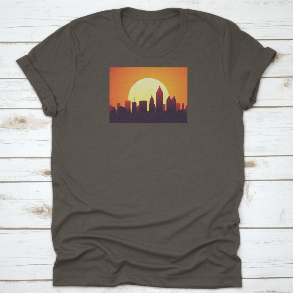 Atlanta Sunset City Skyline t-shirt featuring a huge moon and the tallest building, showcasing a vibrant urban landscape.