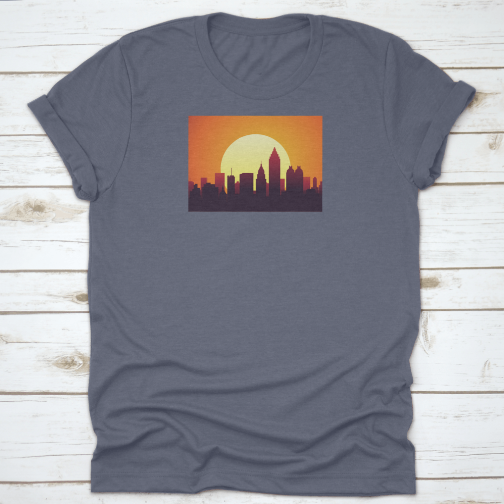 Atlanta Sunset City Skyline t-shirt featuring a huge moon and the tallest building, showcasing a vibrant urban landscape.
