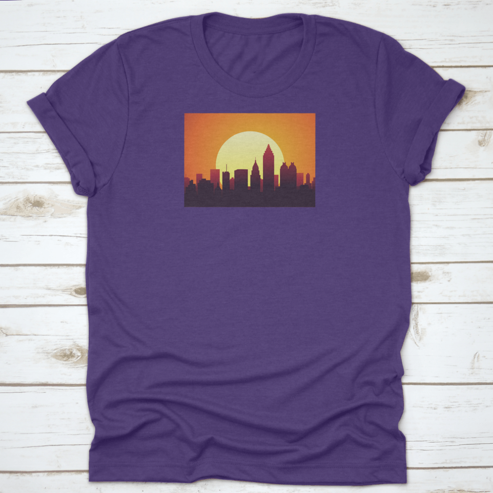 Atlanta Sunset City Skyline t-shirt featuring a huge moon and the tallest building, showcasing a vibrant urban landscape.