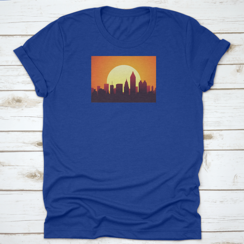 Atlanta Sunset City Skyline t-shirt featuring a huge moon and the tallest building, showcasing a vibrant urban landscape.