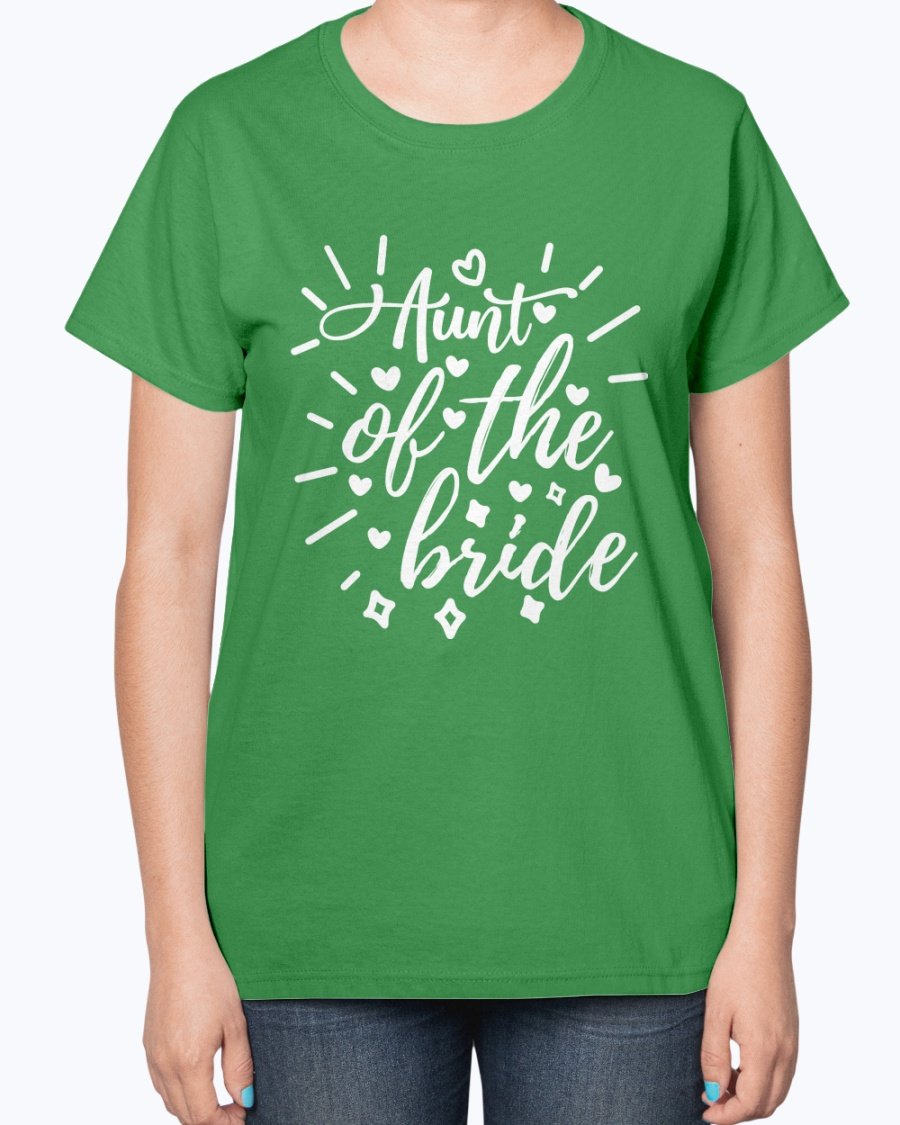 Aunt of the Bride Ladies T-Shirt featuring a stylish design, perfect for wedding celebrations.