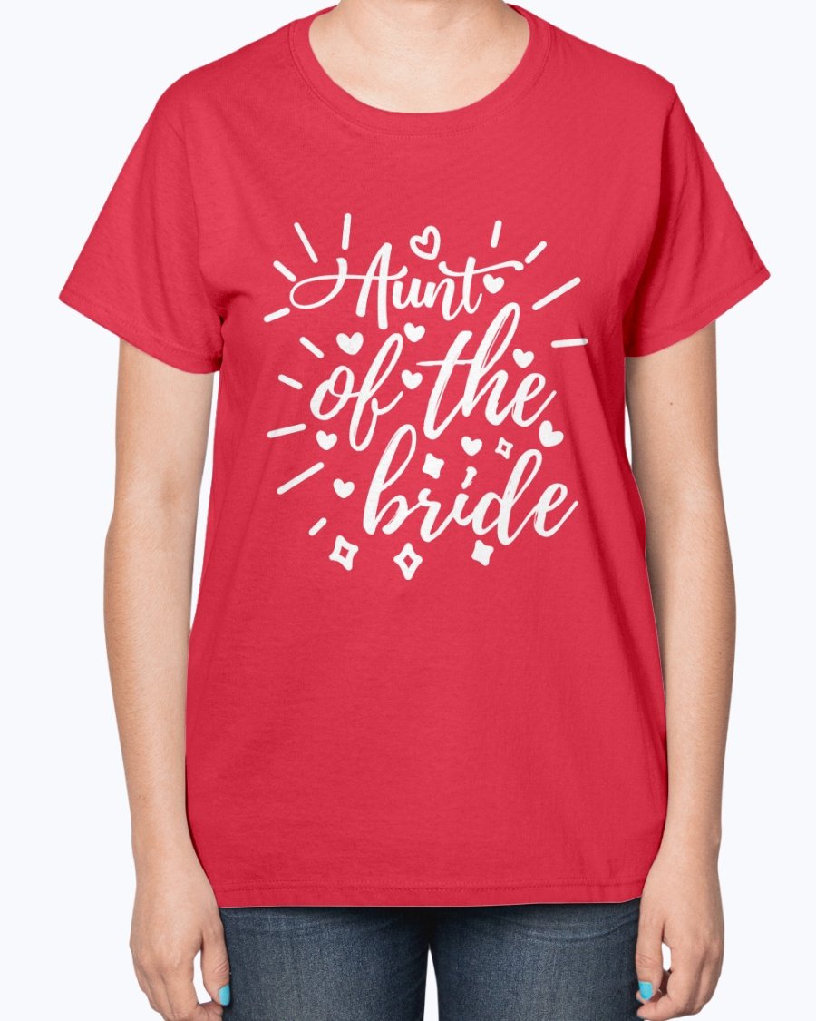 Aunt of the Bride Ladies T-Shirt featuring a stylish design, perfect for wedding celebrations.