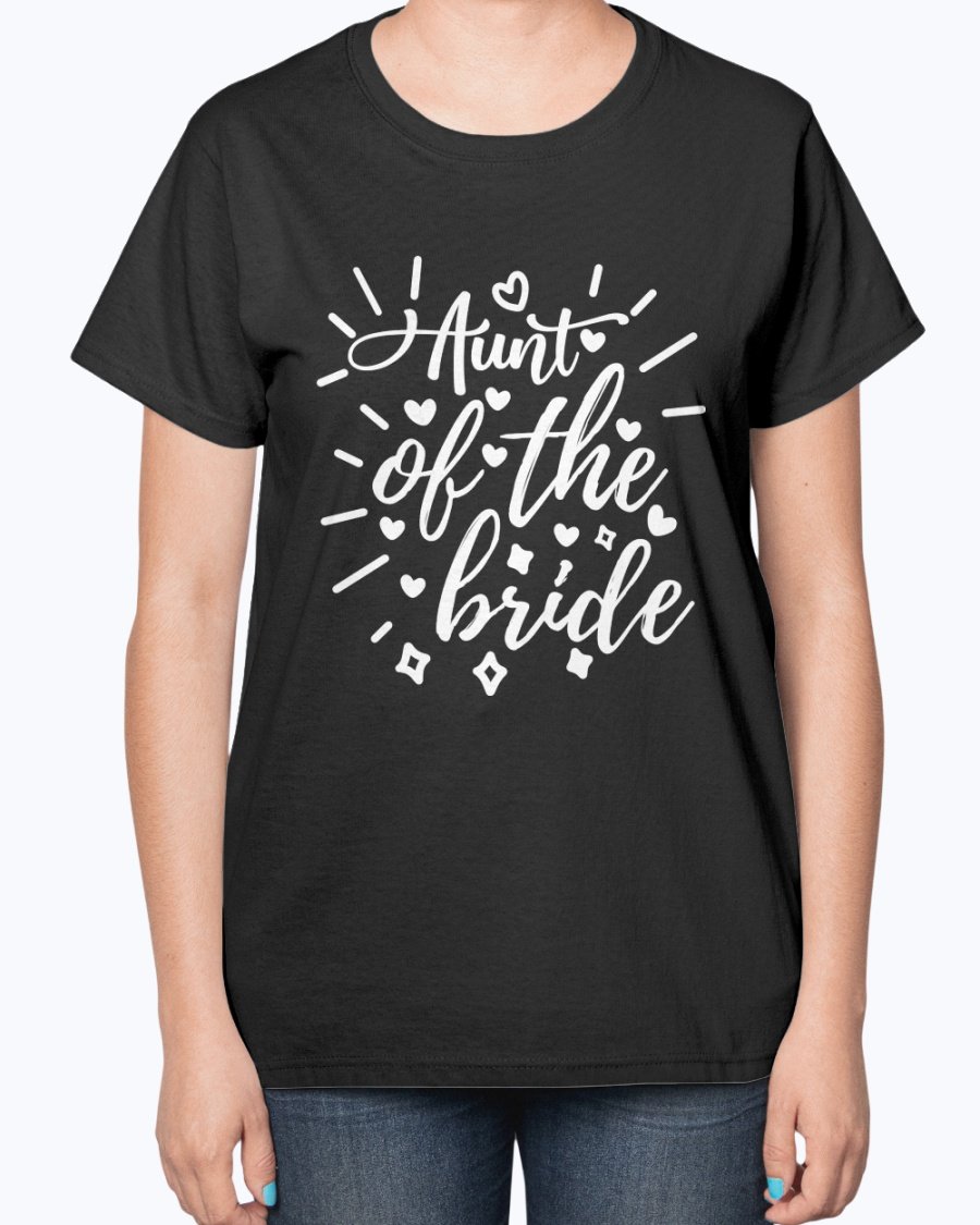 Aunt of the Bride Ladies T-Shirt featuring a stylish design, perfect for wedding celebrations.
