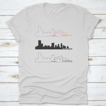 Editable vector file featuring the Austin skyline with a vibrant rainbow, showcasing a modern linear design.