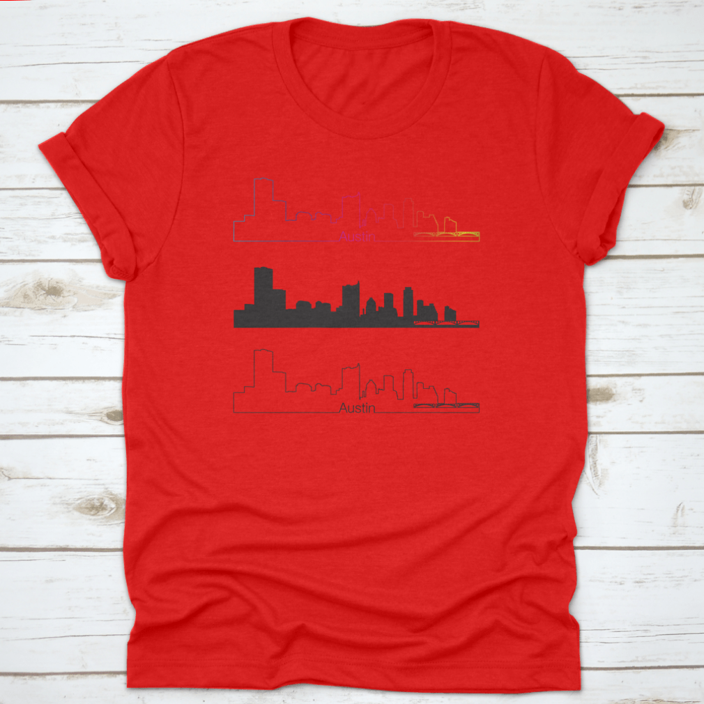 Editable vector file featuring the Austin skyline with a vibrant rainbow, showcasing a modern linear design.