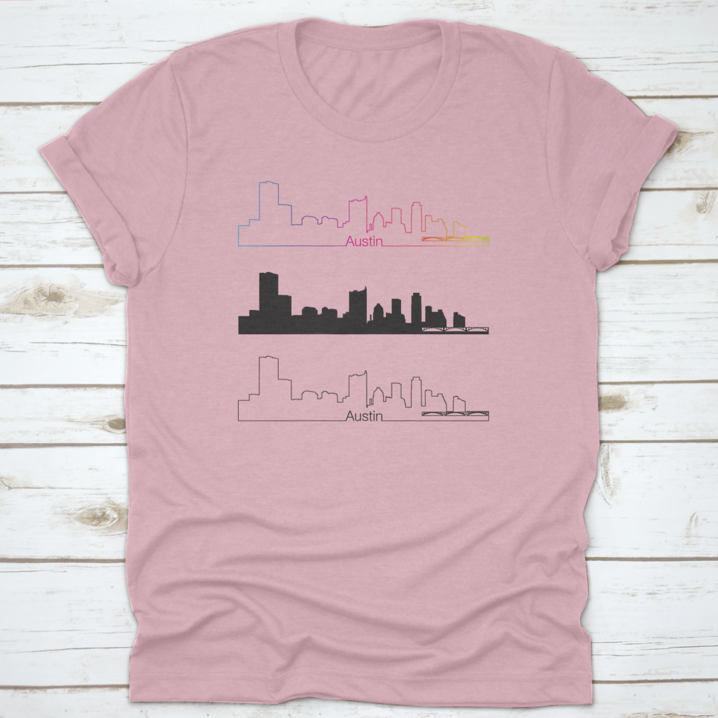 Editable vector file featuring the Austin skyline with a vibrant rainbow, showcasing a modern linear design.