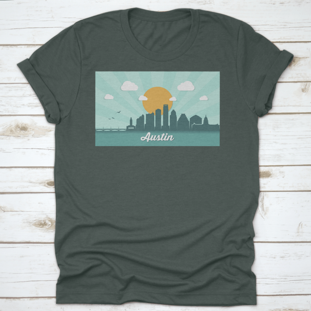 A detailed vector illustration of the Austin skyline featuring iconic buildings and structures.