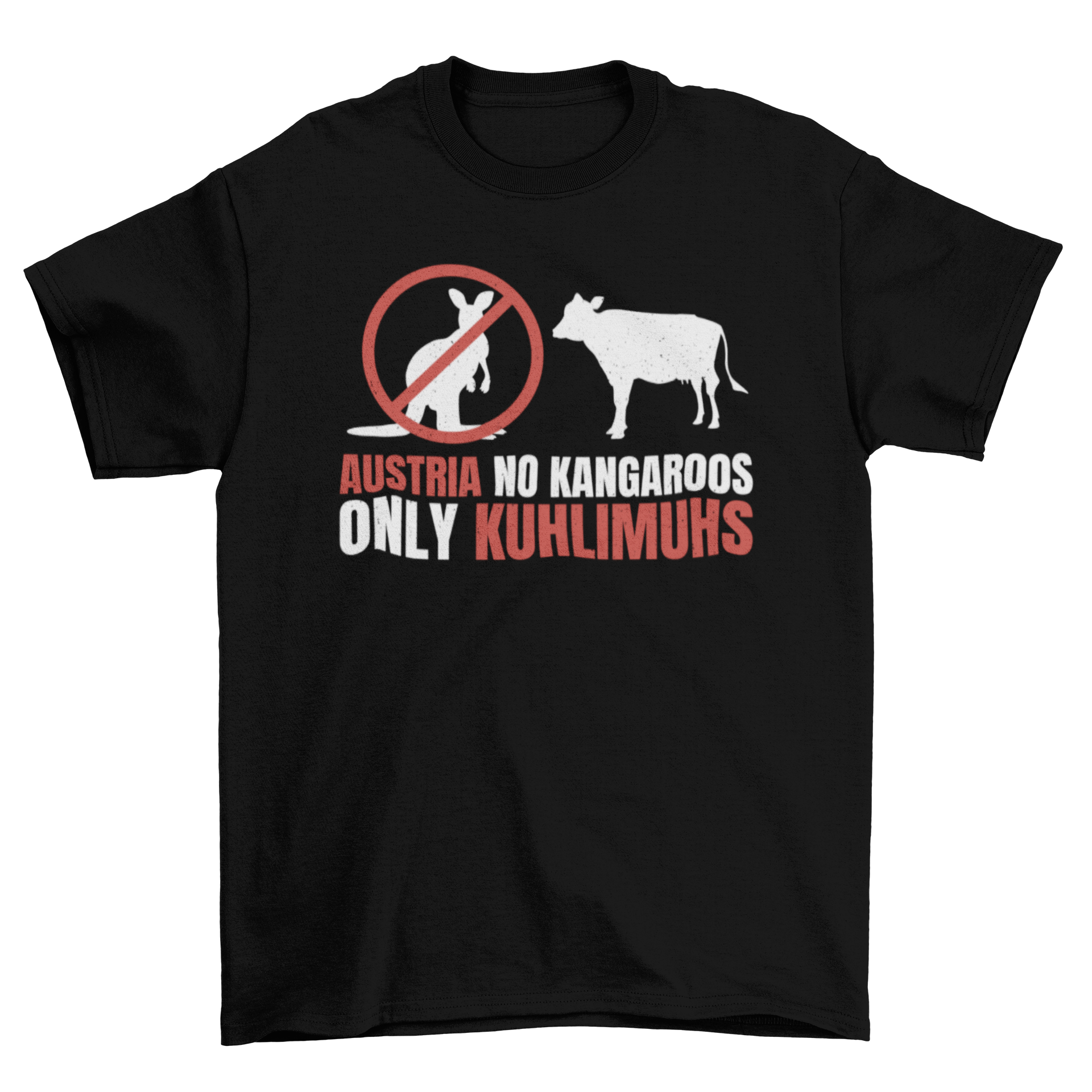 Austria-themed t-shirt featuring a crossed kangaroo and humorous quote about kuhlimuhs.