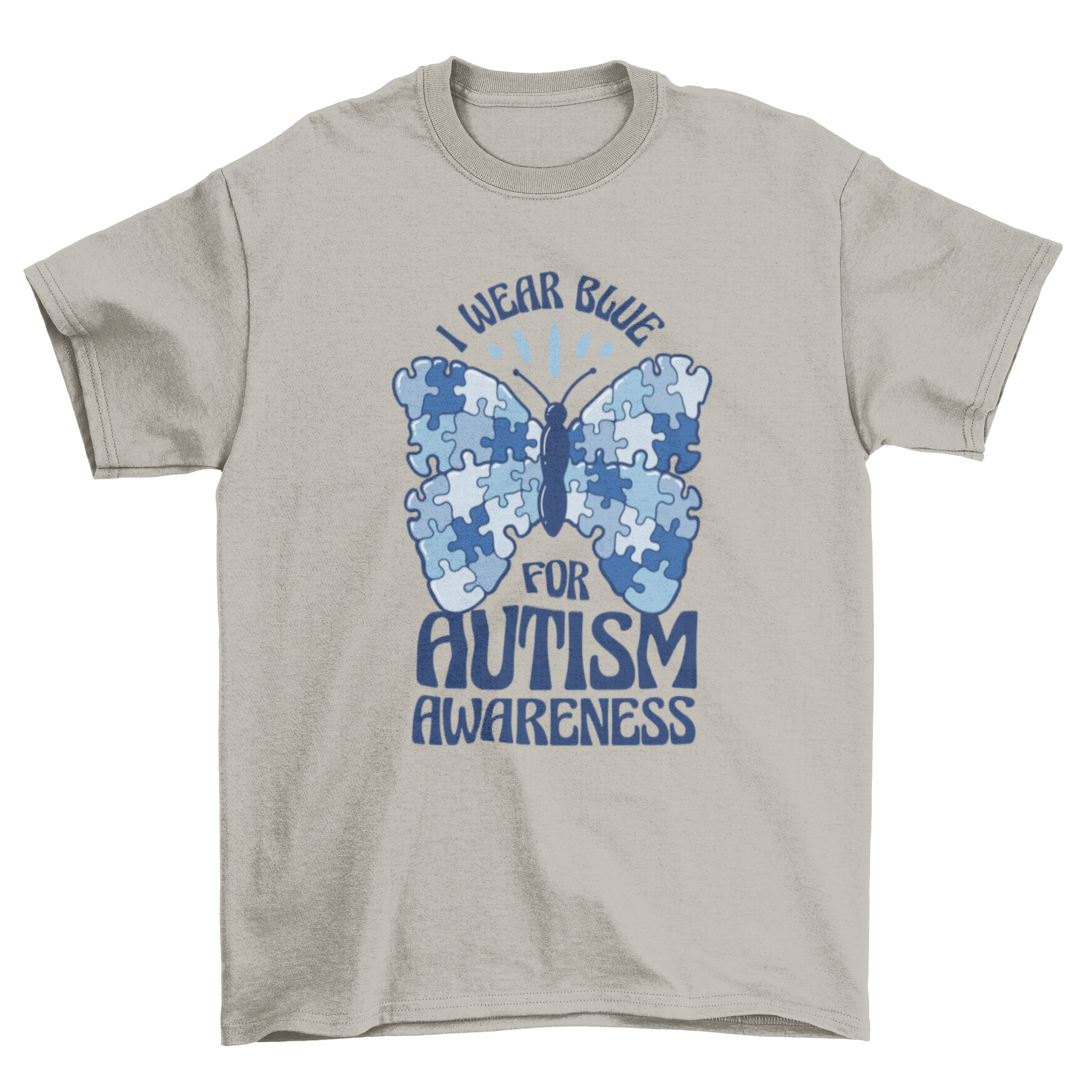 Autism awareness t-shirt featuring a blue puzzle butterfly and the quote 'I wear blue for autism awareness'.