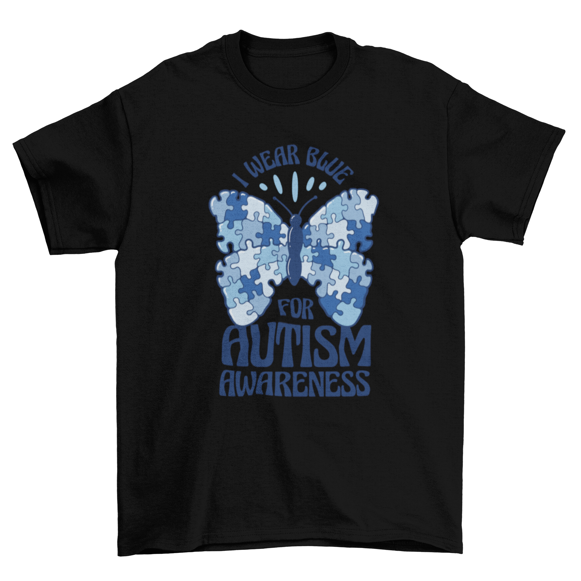 Autism awareness t-shirt featuring a blue puzzle butterfly and the quote 'I wear blue for autism awareness'.