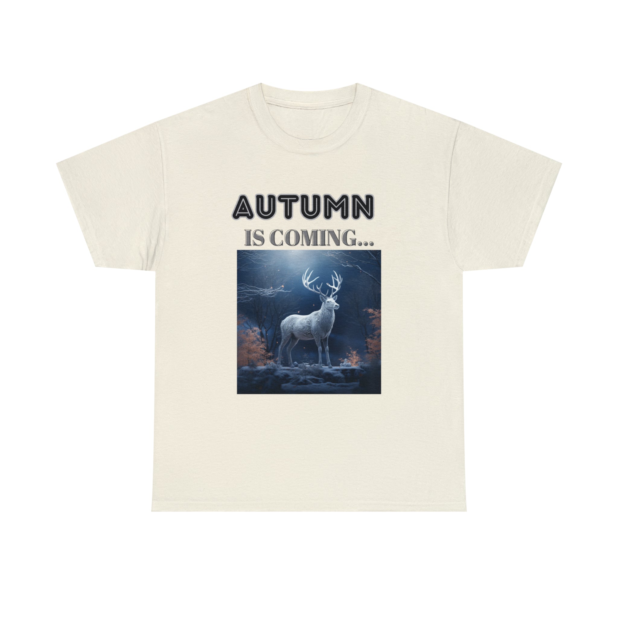 A stylish Fall Vibes T-shirt featuring a serene deer drinking from a brook surrounded by colorful autumn leaves.