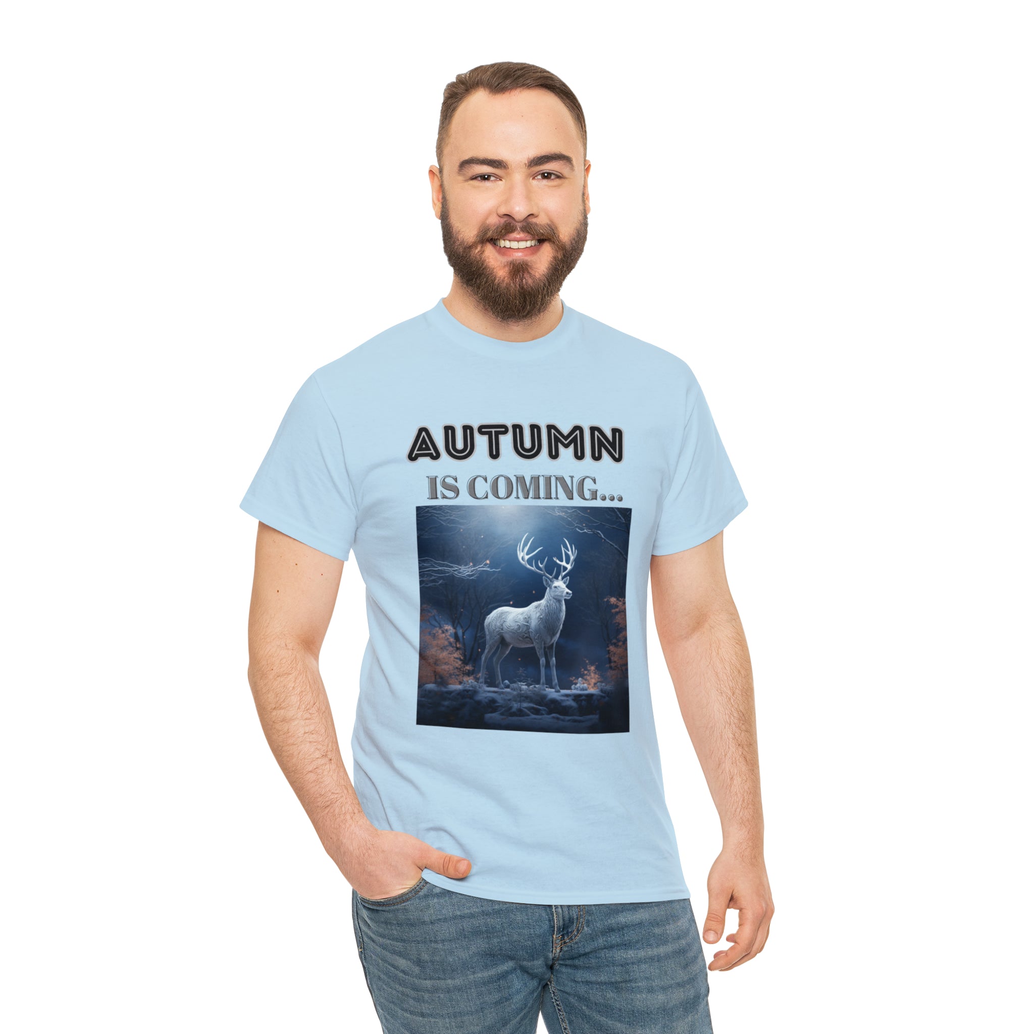 A stylish Fall Vibes T-shirt featuring a serene deer drinking from a brook surrounded by colorful autumn leaves.