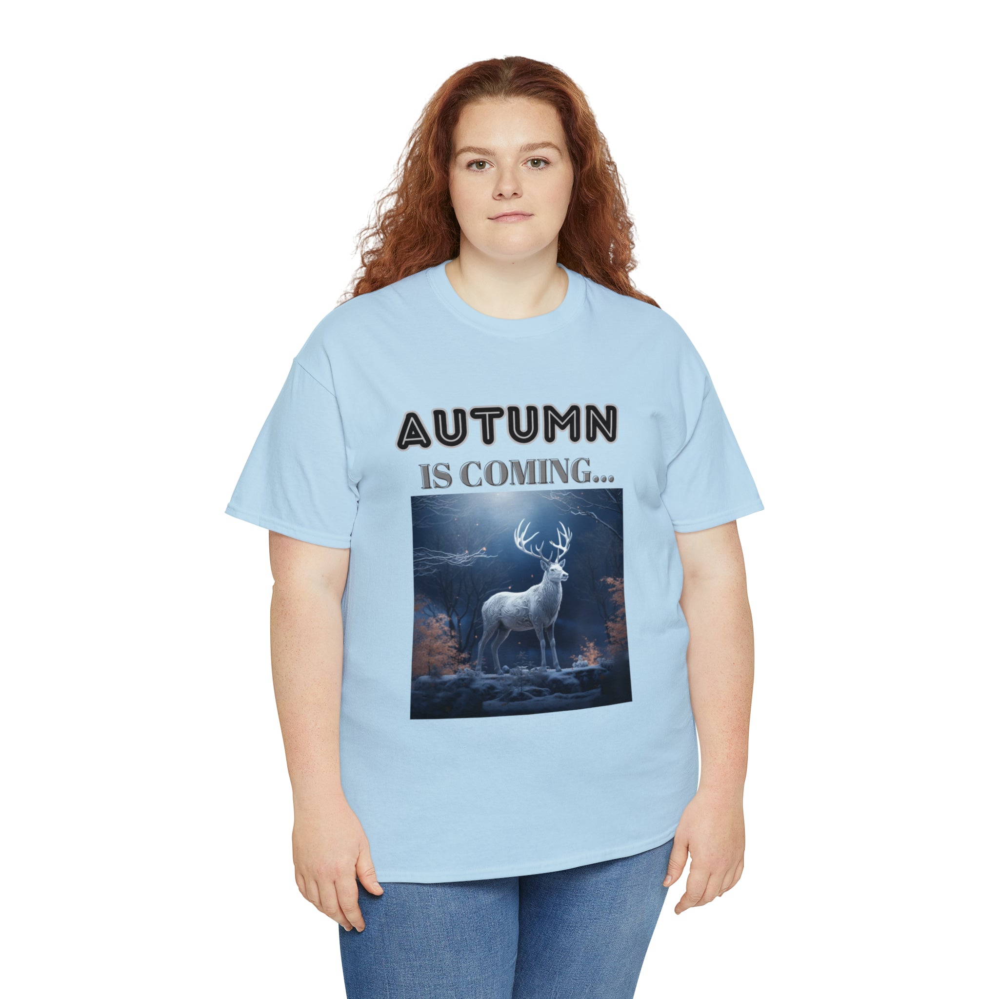 A stylish Fall Vibes T-shirt featuring a serene deer drinking from a brook surrounded by colorful autumn leaves.