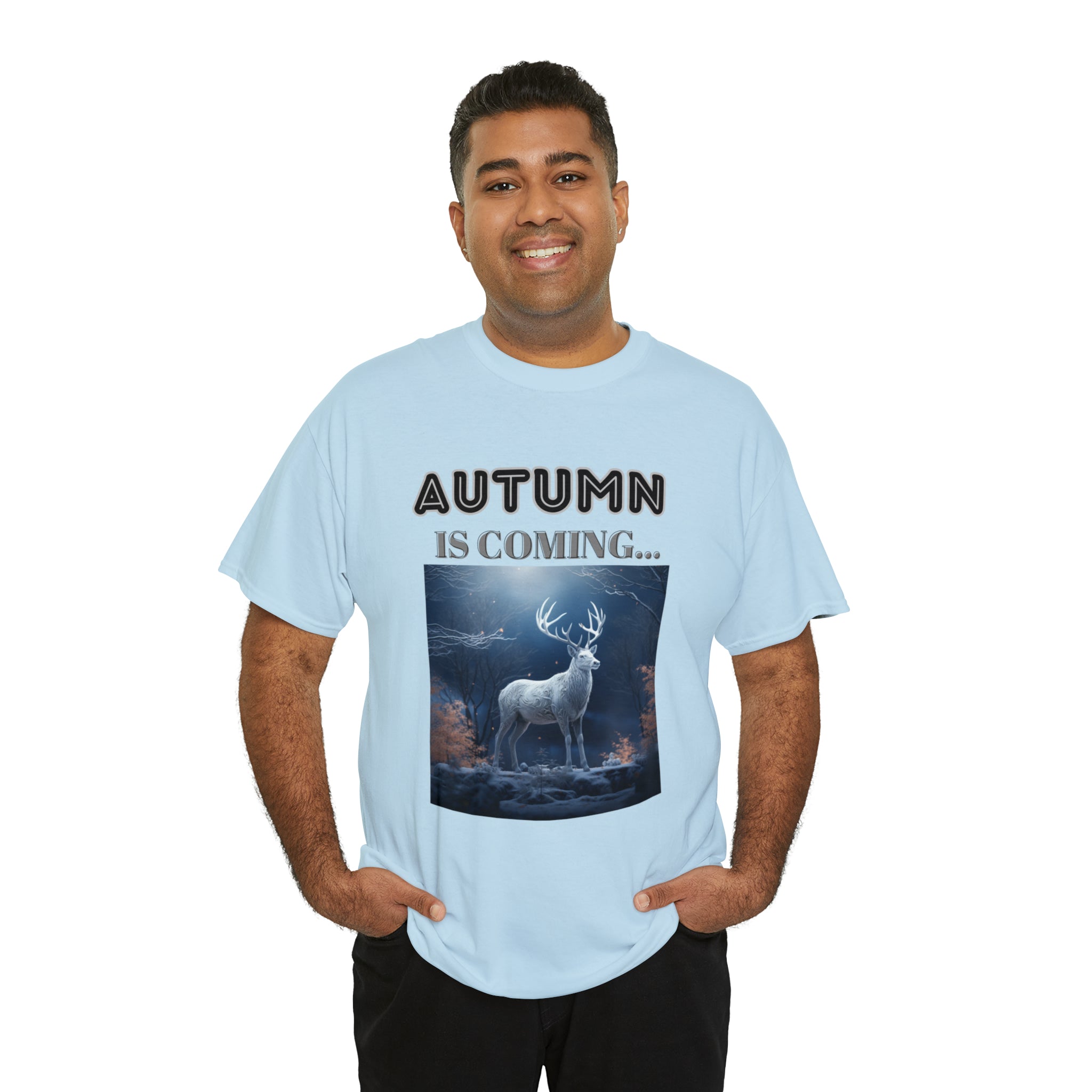 A stylish Fall Vibes T-shirt featuring a serene deer drinking from a brook surrounded by colorful autumn leaves.