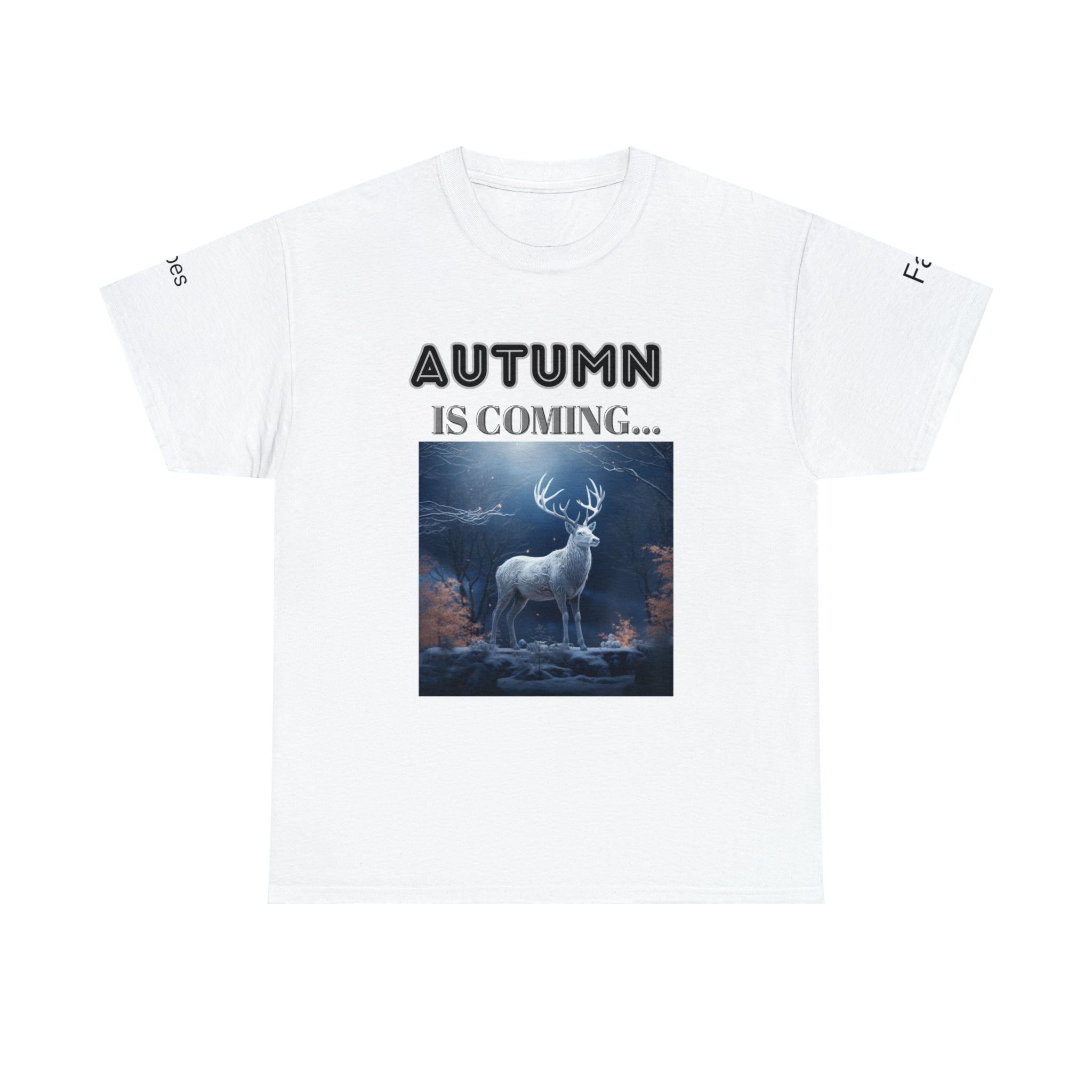 A stylish Fall Vibes T-shirt featuring a serene deer drinking from a brook surrounded by colorful autumn leaves.