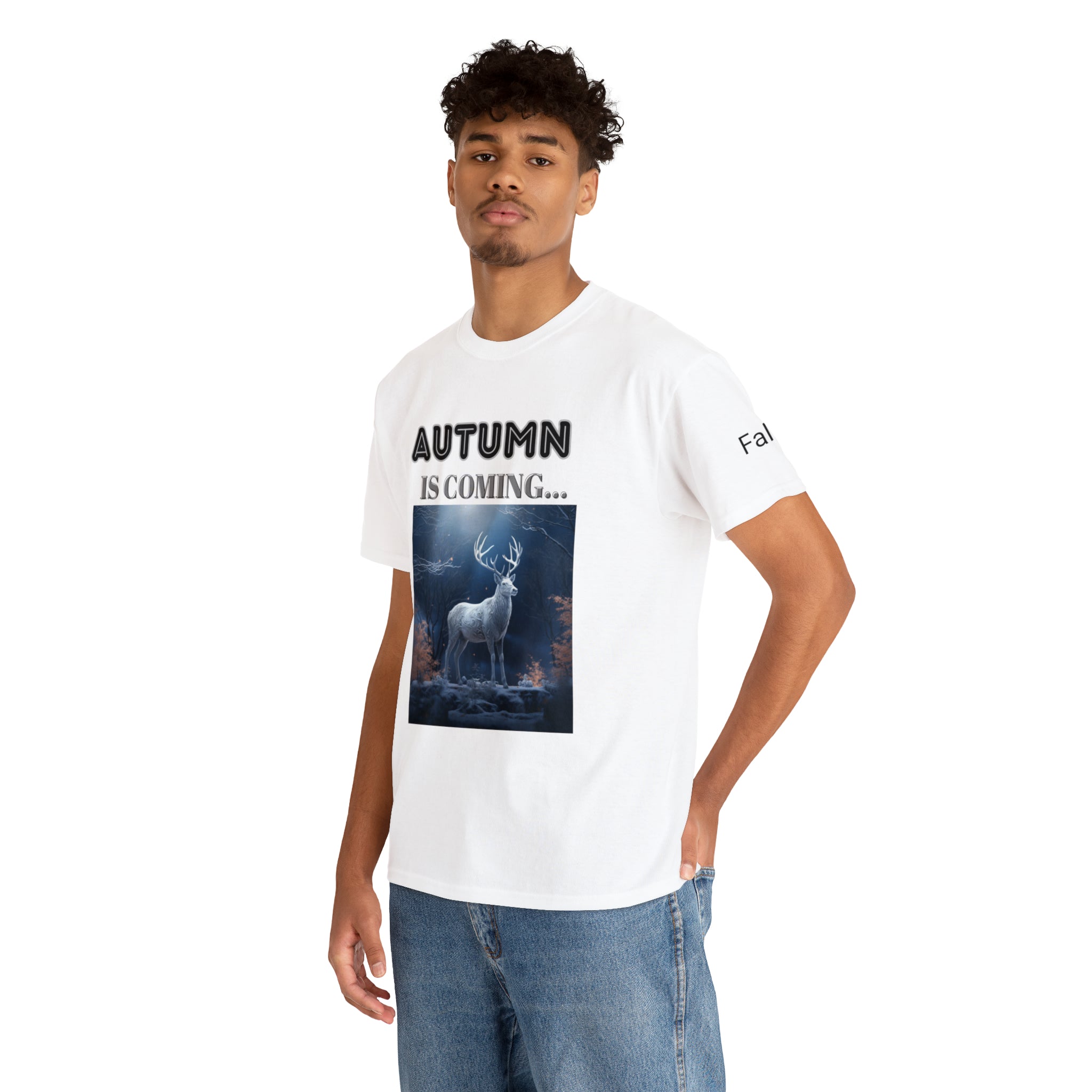 A stylish Fall Vibes T-shirt featuring a serene deer drinking from a brook surrounded by colorful autumn leaves.