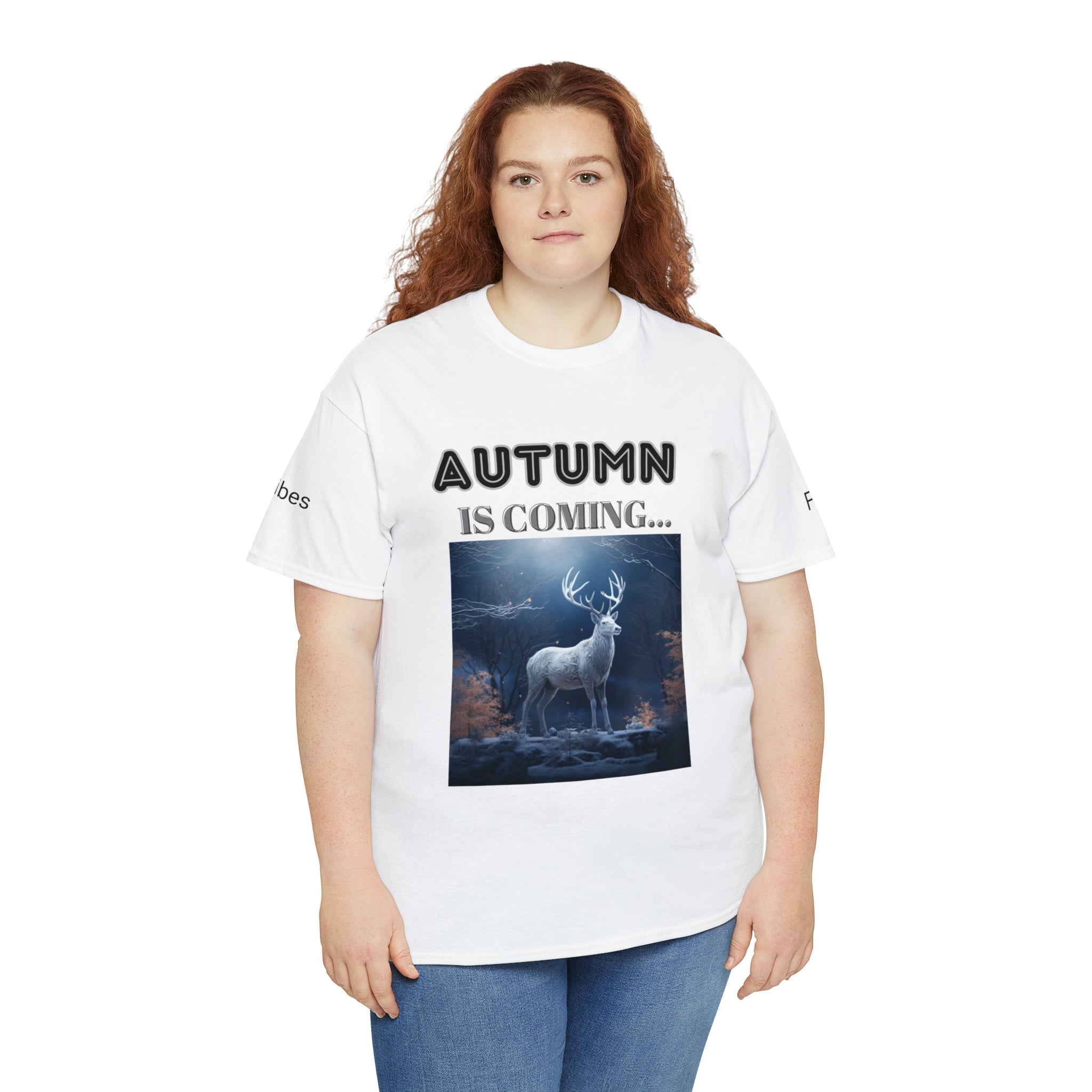 A stylish Fall Vibes T-shirt featuring a serene deer drinking from a brook surrounded by colorful autumn leaves.