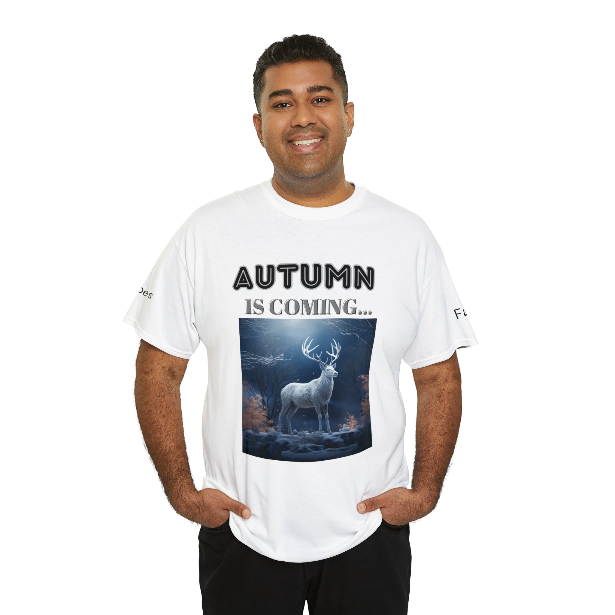 A stylish Fall Vibes T-shirt featuring a serene deer drinking from a brook surrounded by colorful autumn leaves.