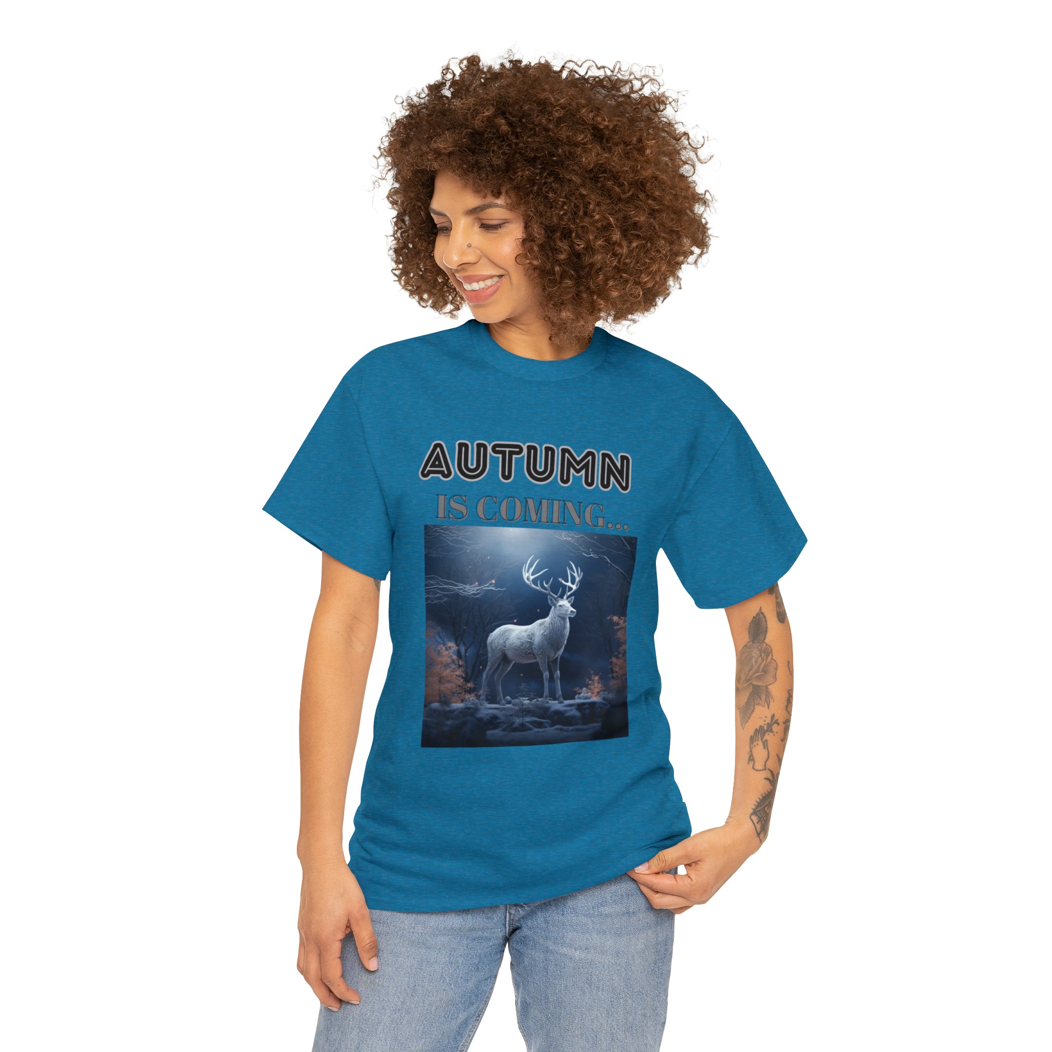 A stylish Fall Vibes T-shirt featuring a serene deer drinking from a brook surrounded by colorful autumn leaves.