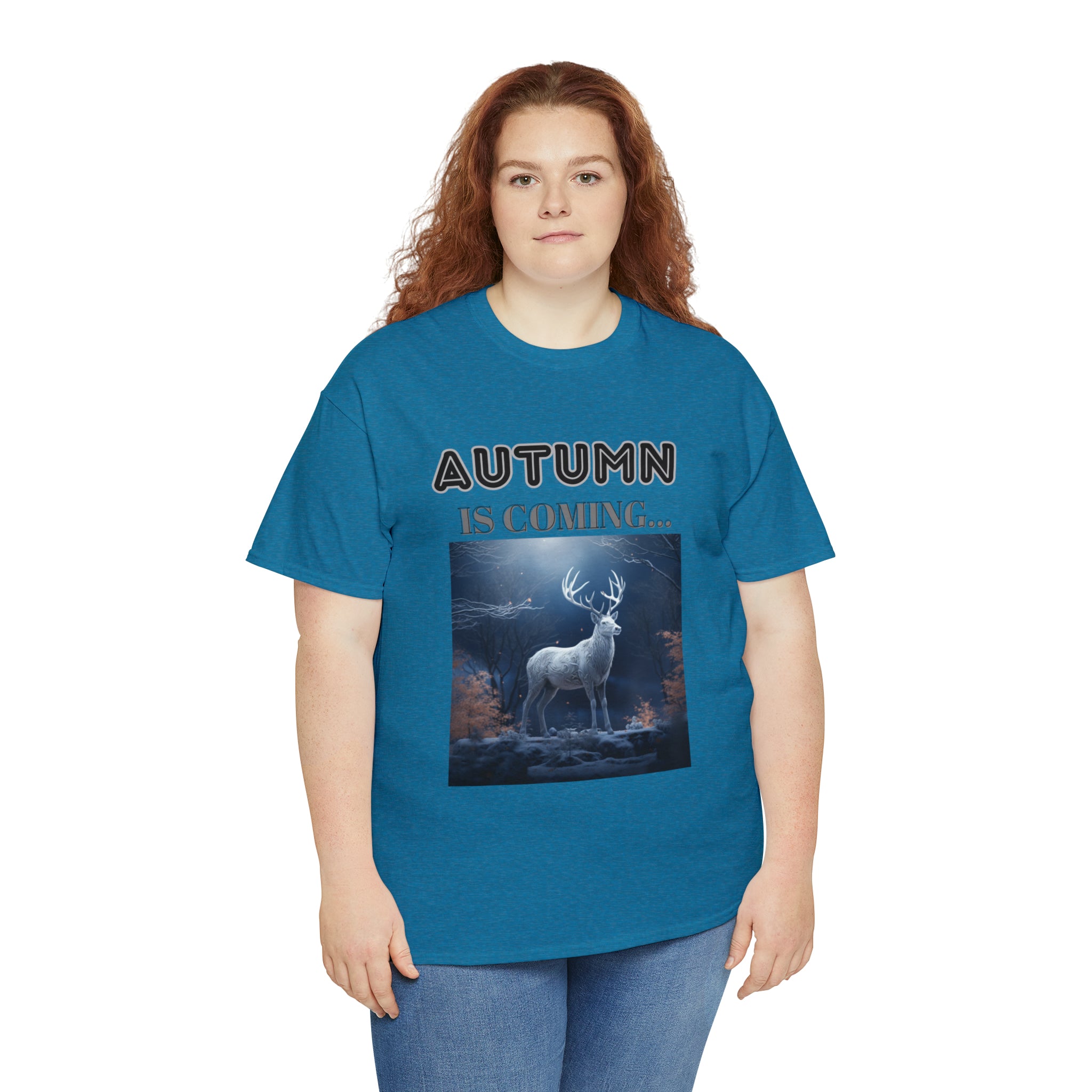 A stylish Fall Vibes T-shirt featuring a serene deer drinking from a brook surrounded by colorful autumn leaves.