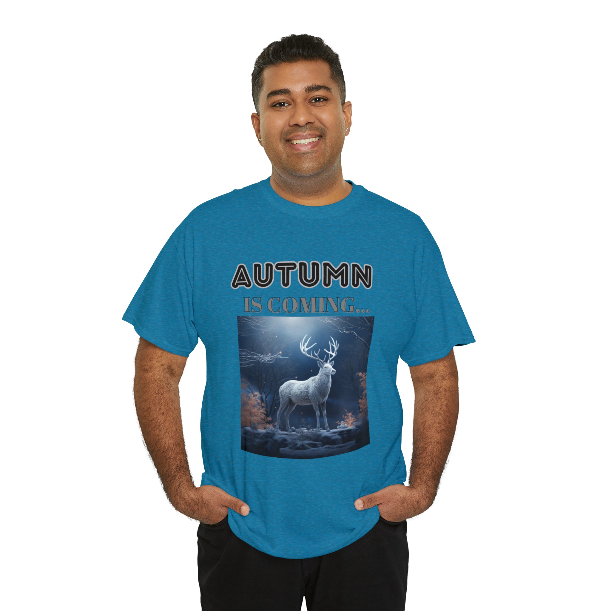 A stylish Fall Vibes T-shirt featuring a serene deer drinking from a brook surrounded by colorful autumn leaves.