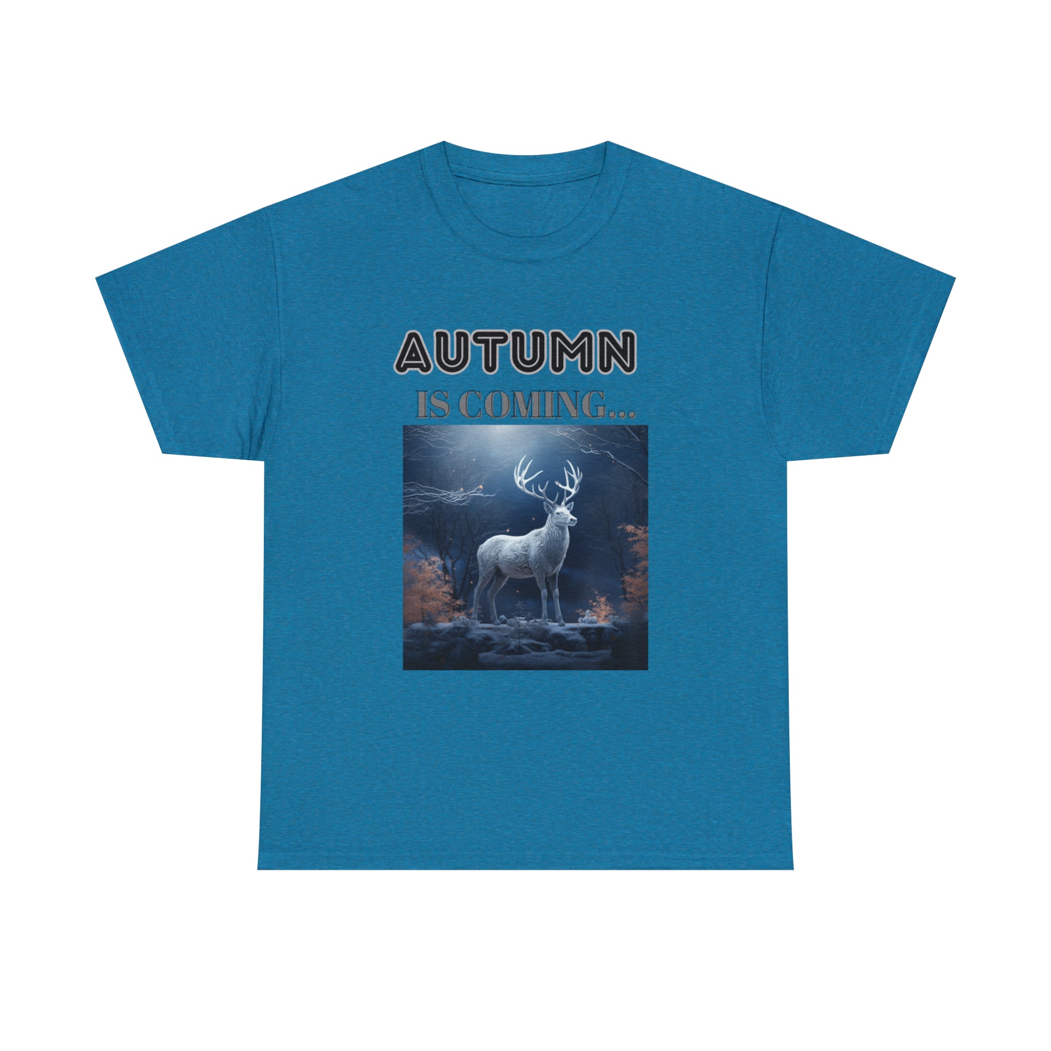 A stylish Fall Vibes T-shirt featuring a serene deer drinking from a brook surrounded by colorful autumn leaves.