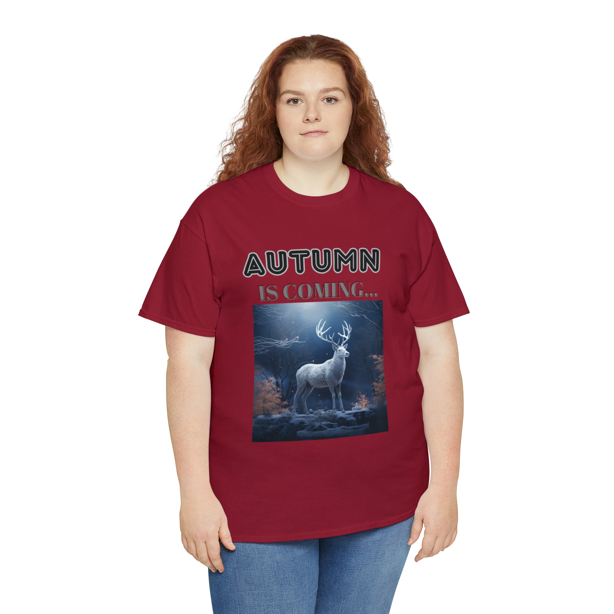 A stylish Fall Vibes T-shirt featuring a serene deer drinking from a brook surrounded by colorful autumn leaves.
