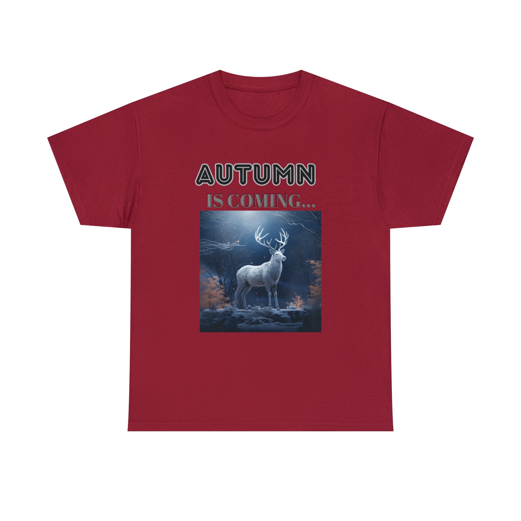 A stylish Fall Vibes T-shirt featuring a serene deer drinking from a brook surrounded by colorful autumn leaves.